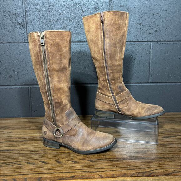 Born Women’s 6.5 Brown Distressed Suede Tall Riding Boots Western Harness Zip - Picture 1 of 8
